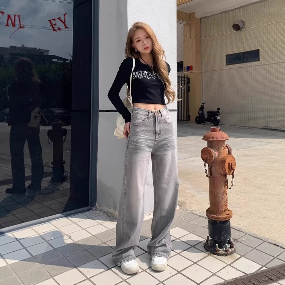 Gray American Retro Wide-Leg Jeans for Women, New Spring/Summer/Fall Style, Flowy Loose Straight-Leg Floor-Length Pants