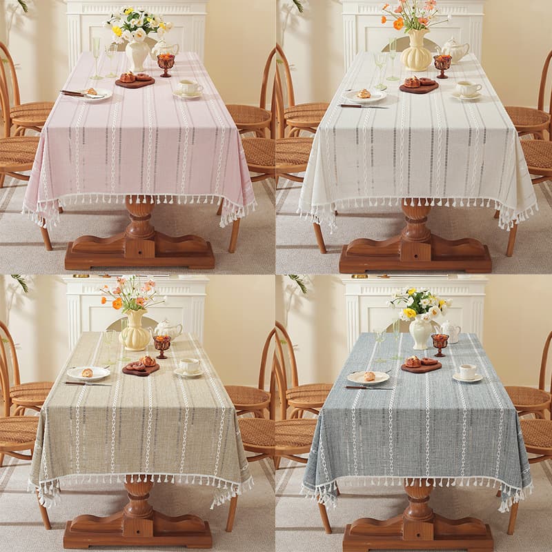 Cross-Border Trade Fabric Tablecloth European Stripe Jacquard Hollow Cotton Linen Tablecloth Coffee Table Cloth Wholesale Nordic Style