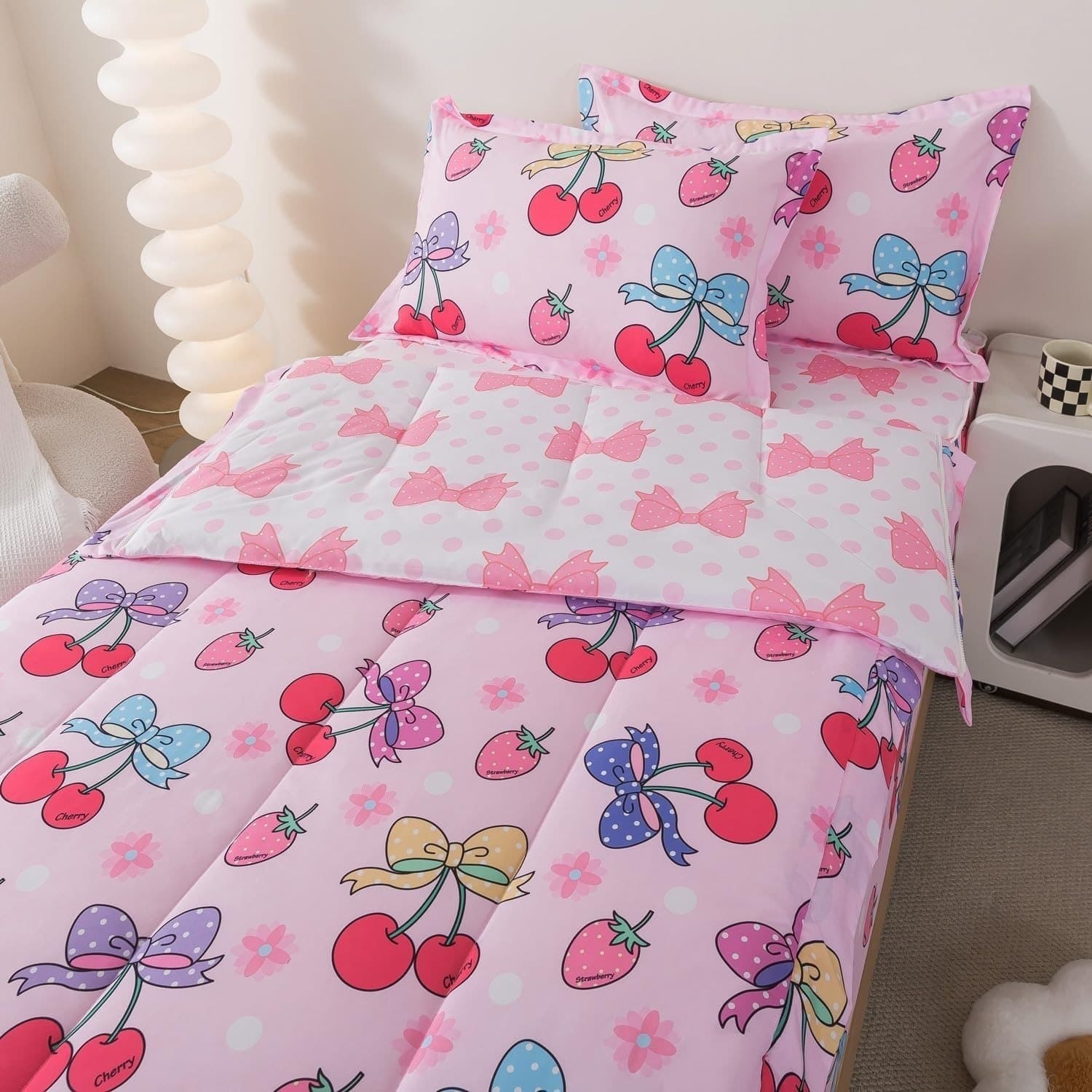 Cross-border Cherry Fruit Bowknot Zipper Bed Sheet Pillowcase 4-Piece Set Amazon Floral Pattern Customizable Single Piece Shipping