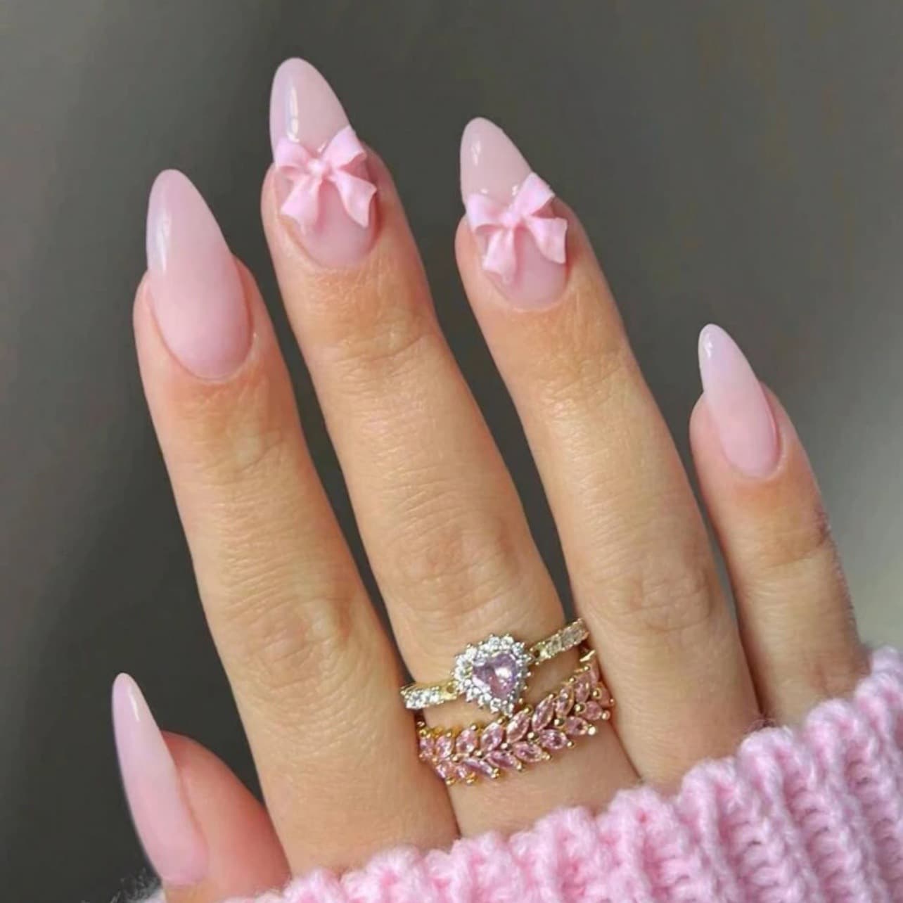 24pcs Press On Nails Long Almond Pink Design False Nails Set