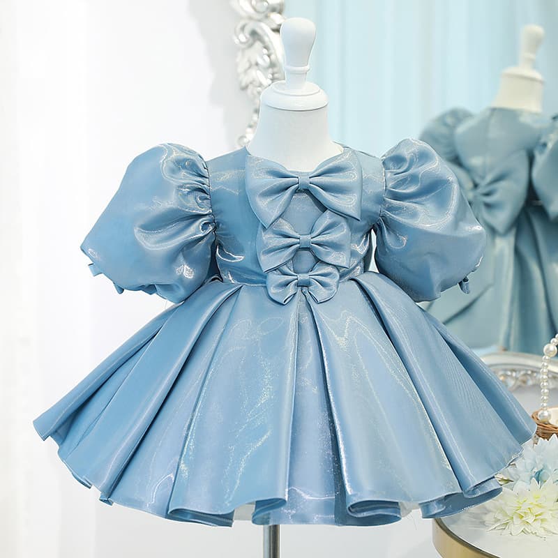 Children's Princess Dress Blue Satin Puff Sleeve Tutu Dress 2026 Baby Girl Birthday Party Summer Little Princess