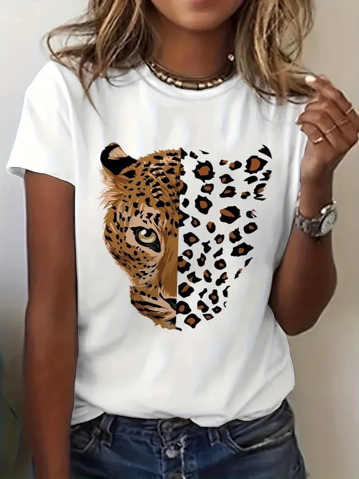 Retro animal print t-shirt for women leopard tiger animal print short sleeve sailor collar casual summer clothing for women