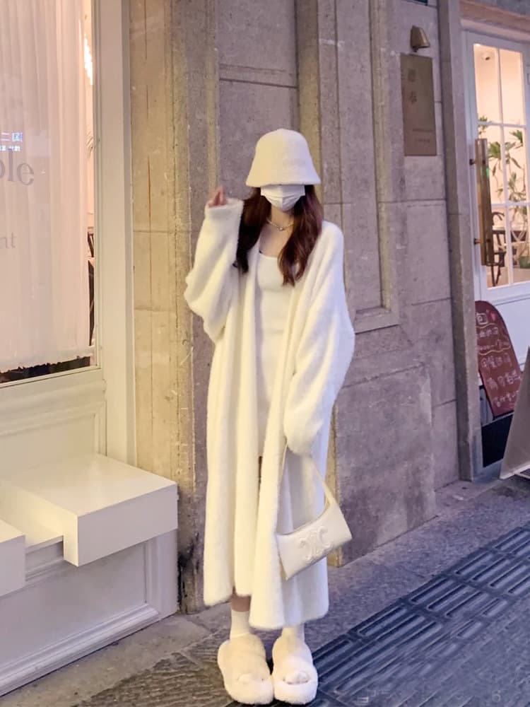 Mid-Length White Faux Mink Cashmere Sweater Women's Autumn Winter New Loose Style Elegant Thick Knit Cardigan Women's Coat
