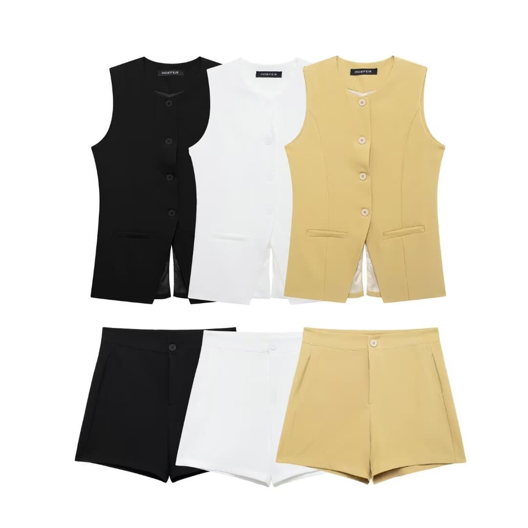 2024 New European and American Style V-Neck Sleeveless Single-Breasted Slit Fitted Vest and Shorts Set for Women