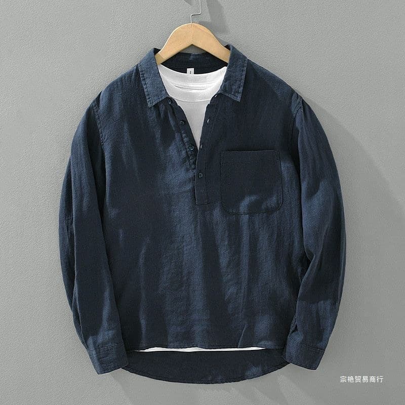 Japanese Retro Long-Sleeved Linen Shirt Men's Summer New Loose Pullover Square Collar Shirt Casual Cotton and Linen Top