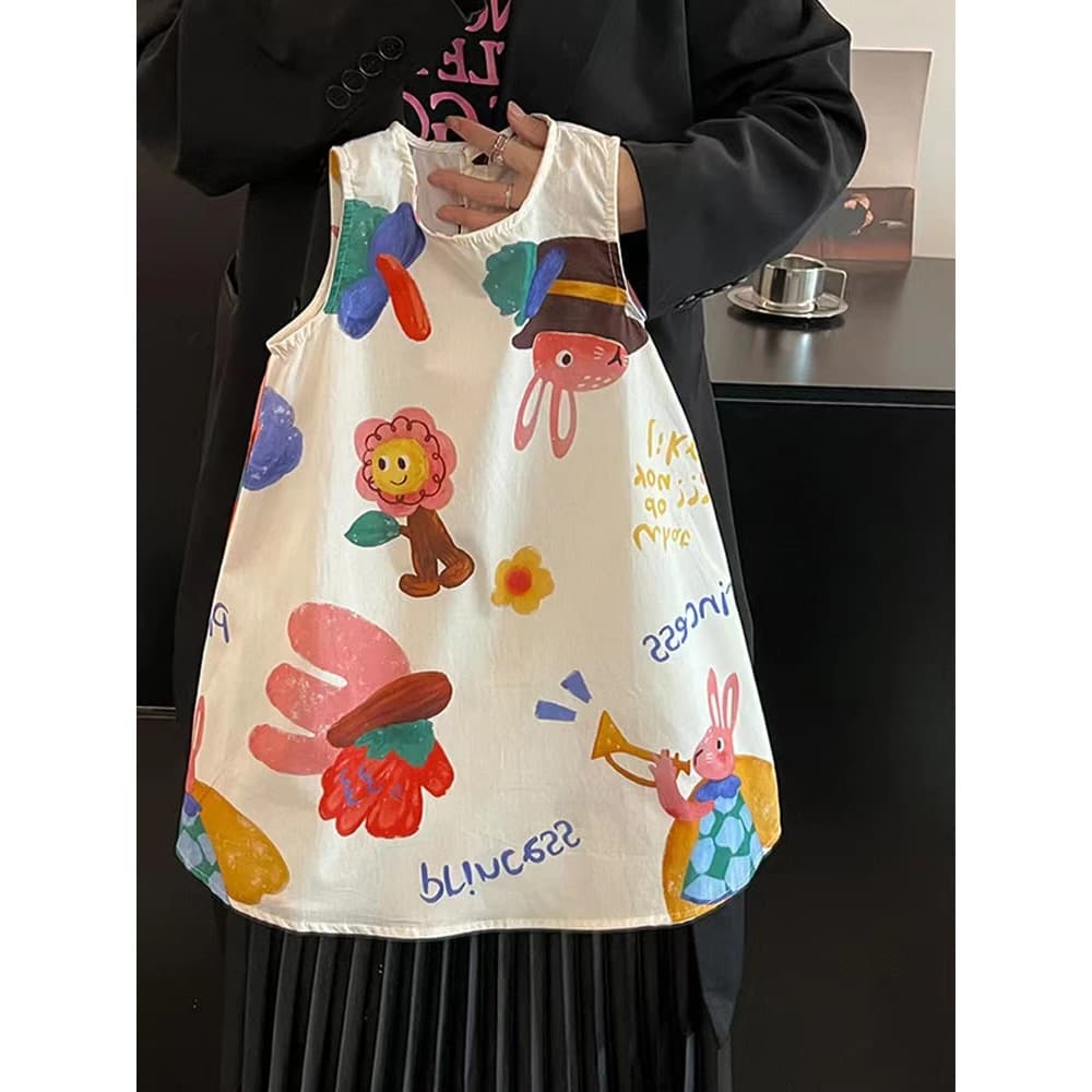 Ningli Girls Summer Dress New Children's Vest Dress Thin Letter Cartoon Dress Baby Princess Dress