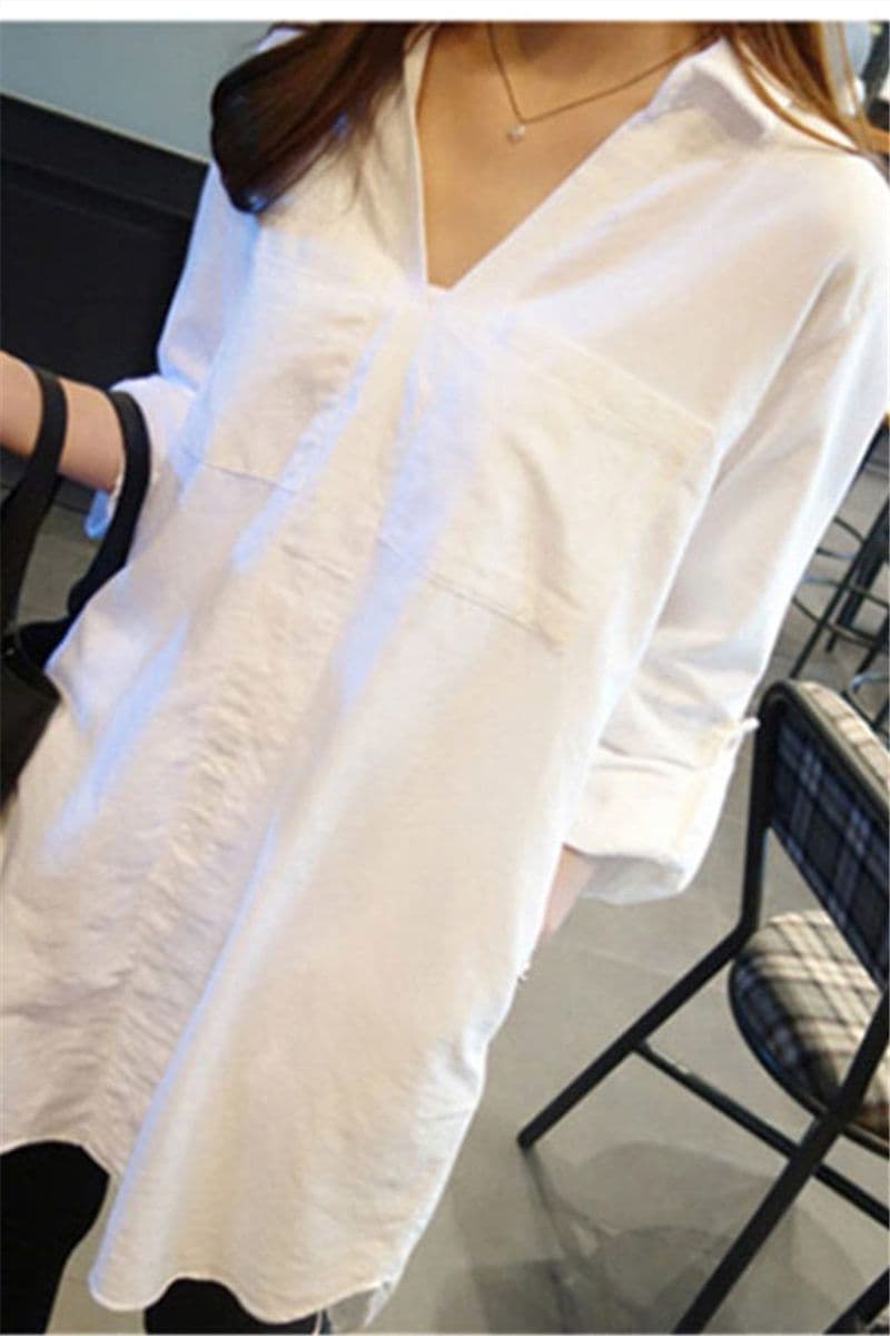 Loose-fitting plus-size mid-length shirt, long-sleeved collar, white, oversized blouse, spring and autumn pullover.