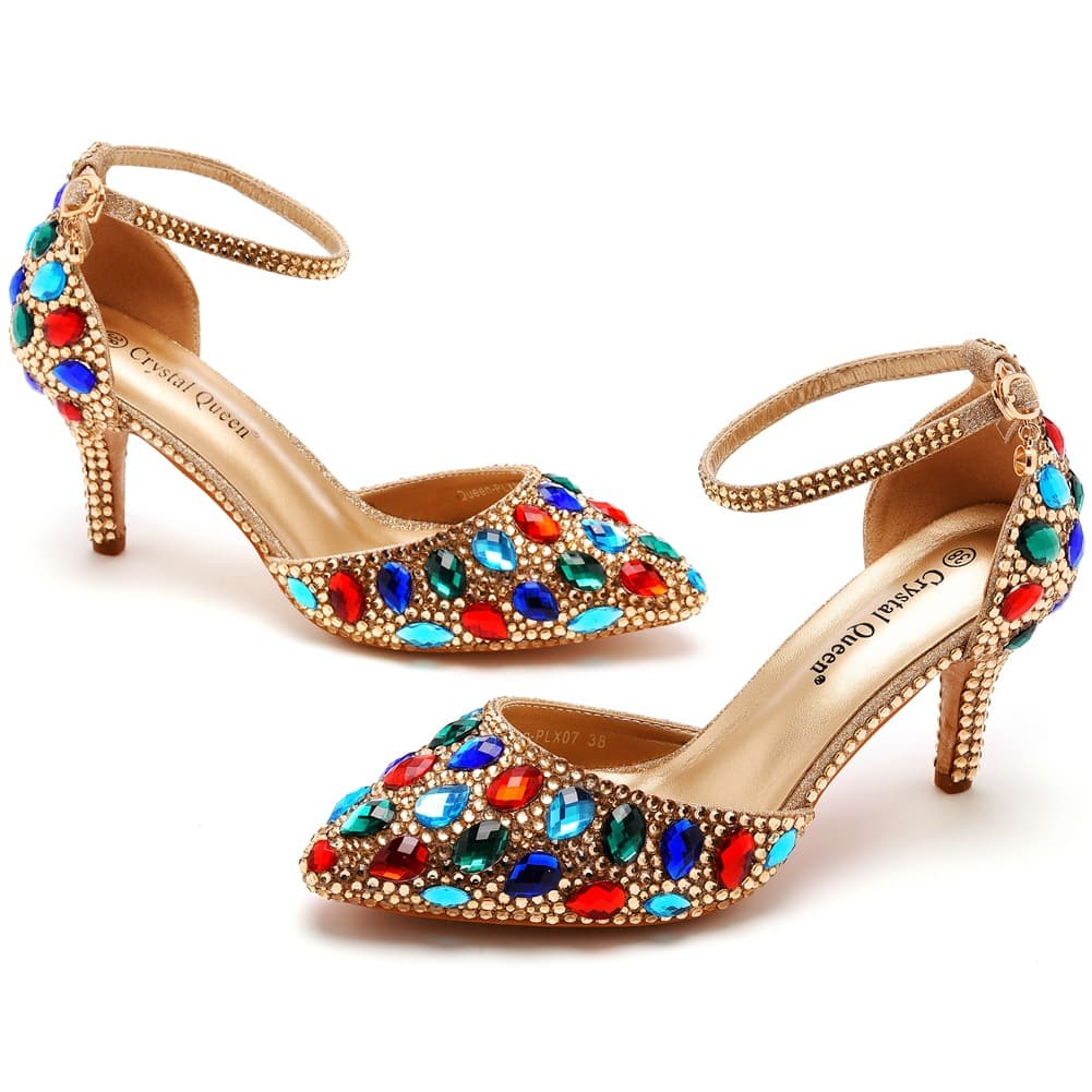 7cm large size sandals stiletto heel pointed toe colorful rhinestone high heel sandals gold rhinestone bridal wedding reception women's shoes