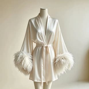 Bride Ostrich Feather Morning Robe, Bridesmaid Party Acetate Satin Robe, Long-Sleeve Outer Robe, Luxurious Open-Front Bathrobe, Factory Wholesale