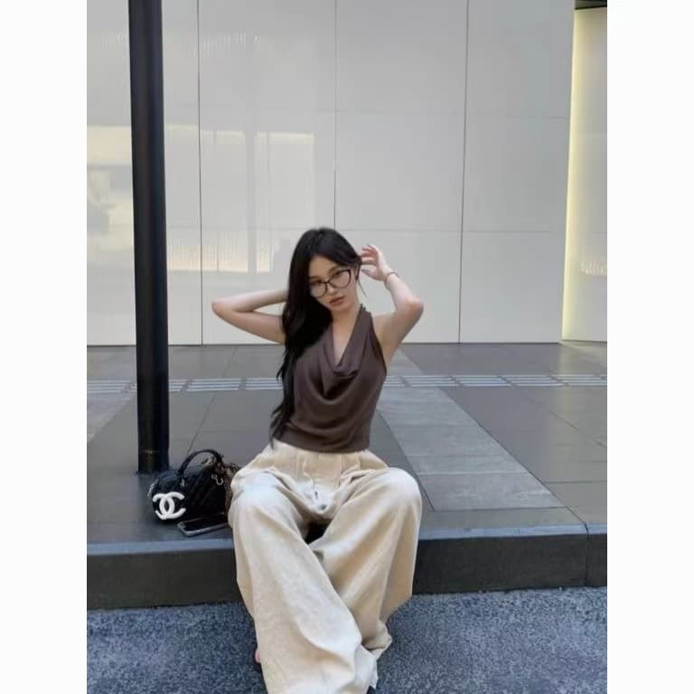 1120 Sexy Old Money Style Fashionable Outfit Draped Neckline Halter Twist Strap Design Camisole Women's Summer Going-Out Backless Top