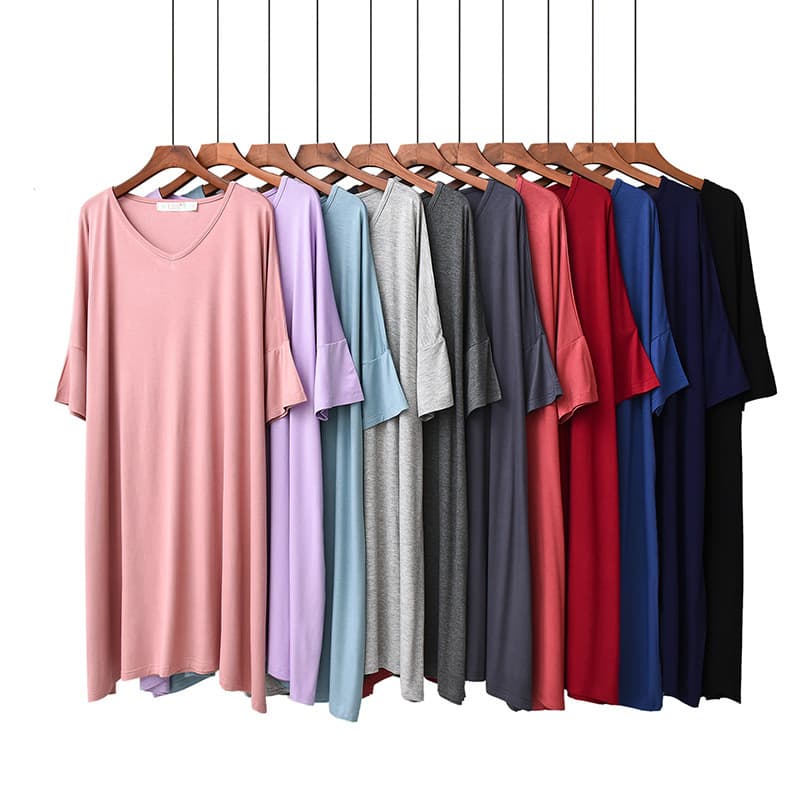 Modal Sleep Dress for Women Summer Plus Size Loose Sleep Dress Short Sleeve V-Neck Dress Wear-Out Nightgown