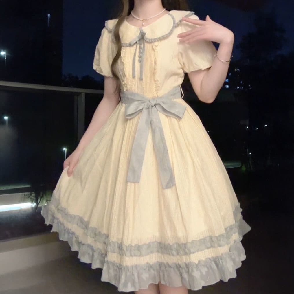 Girls Sweet Versatile Princess Style A-Line Skirt, Big Child Korean Version Doll Collar Lace Bow Elegant Princess Dress
