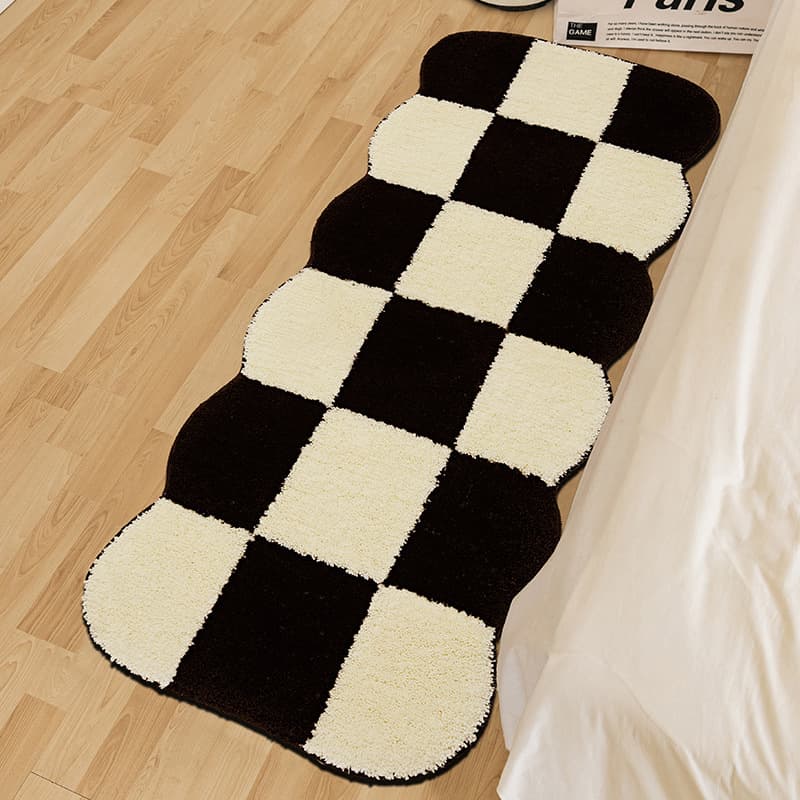 Black and white plaid bedroom bedside blanket, retro checkerboard carpet, non-slip, water-absorbent, stain-resistant, easy-care imitation cashmere carpet