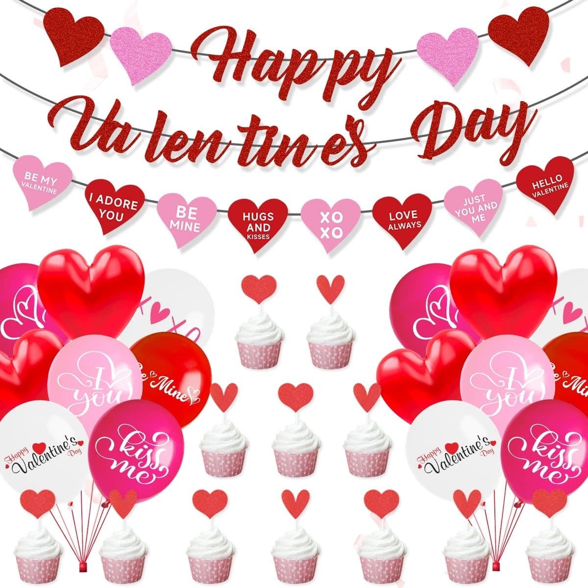 Cross-border 2026 Valentine's Day Theme Decorative Heart Banner Valentine's Day Garland Cake Topper Balloons Wholesale Custom