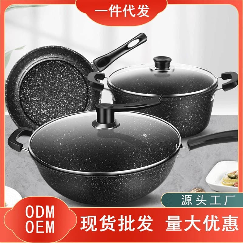 Wholesale Mafan Stone Non-Stick Pan Set: Wok, Flat-Bottom Pan, Stockpot, and Frying Pan Trio, Compatible with All Stovetops