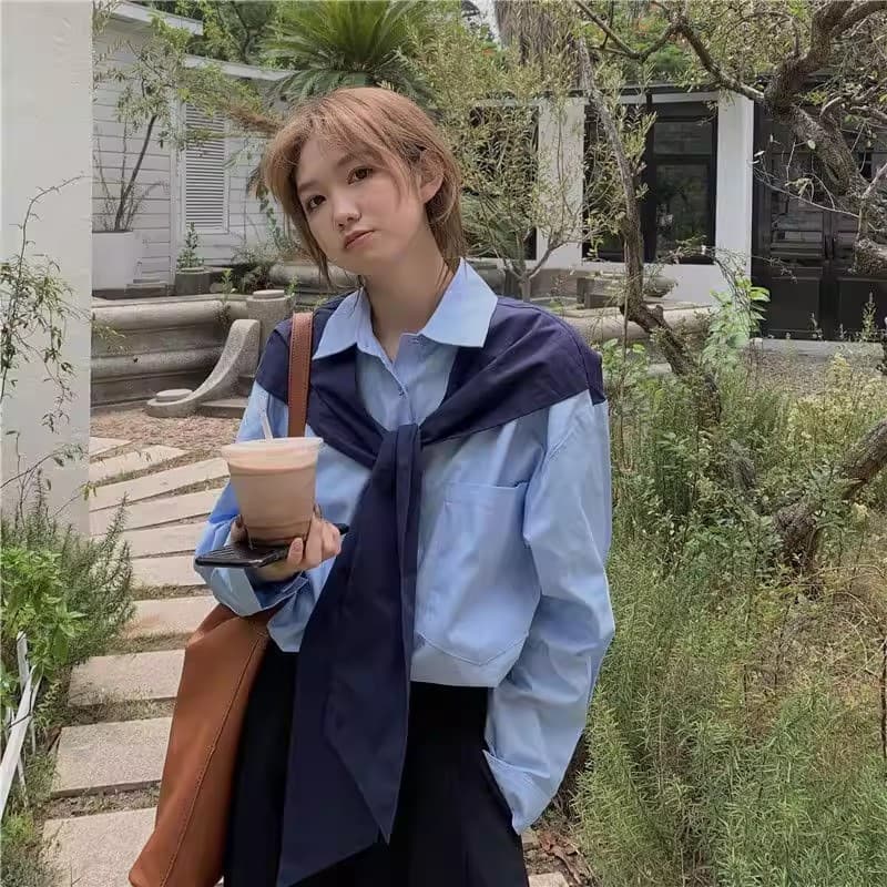 2026 New Premium Shirt for Women, Autumn Retro Hong Kong Style, Salt-Infused Versatile Long-Sleeve Top with Shawl, Trendy