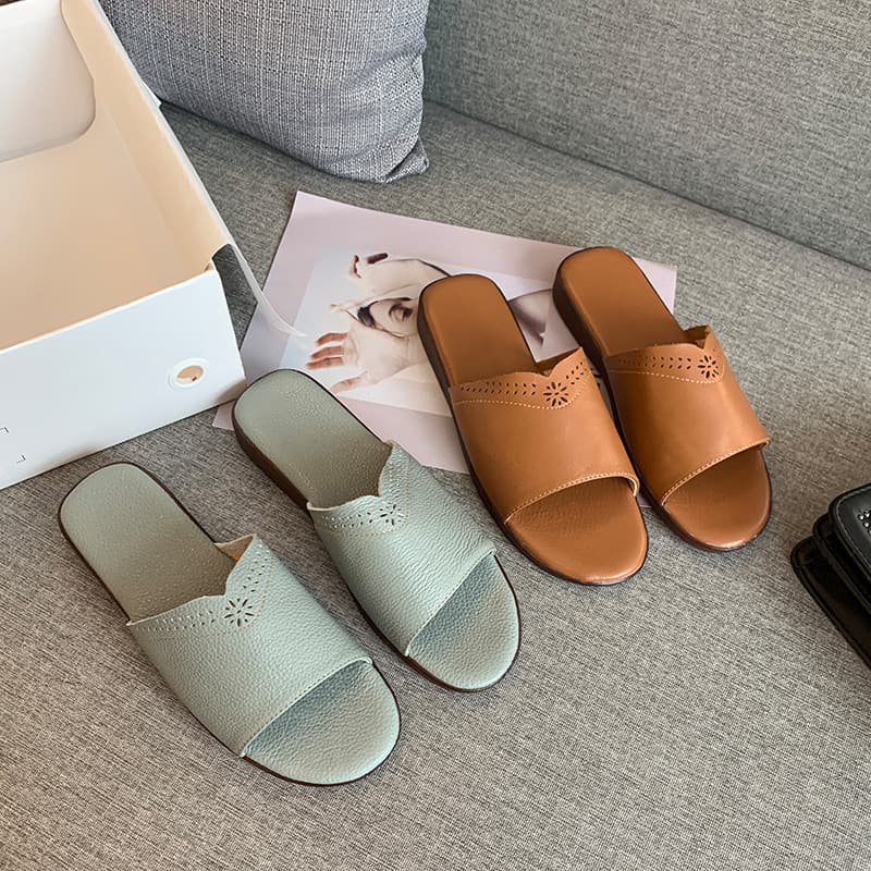 Summer Top-Layer Cowhide Flat Slippers for Women, Comfortable Soft Sole Non-Slip Indoor Slippers