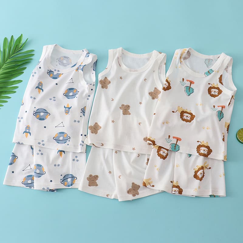Children's Pajamas Boys' Vest and Shorts Set Girls' Baby Home Wear Ice Silk Summer Toddler Boys Air Conditioning Suit