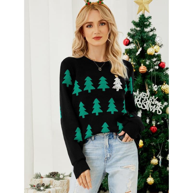 Shein Amazon European & American Women's Fall/Winter Pullover Jacquard Christmas Tree Knit Sweater Long Sleeve Red Christmas Sweater