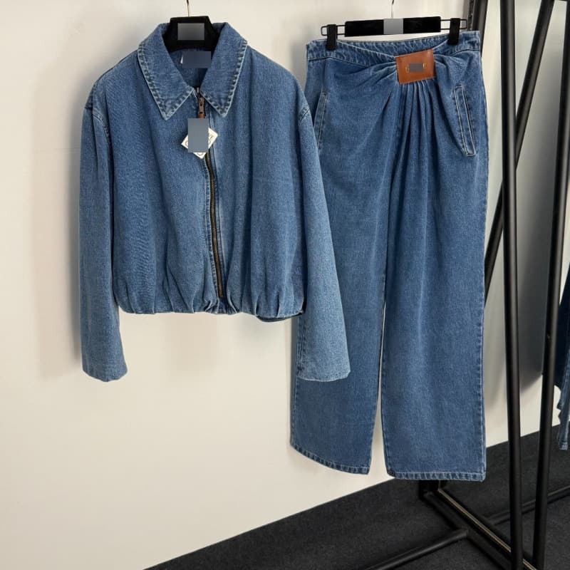 New 25 Export Nanyou Style Denim Set with Leather Patch Decor Long-Sleeve Denim Jacket + Waist-Tightening Denim Pants