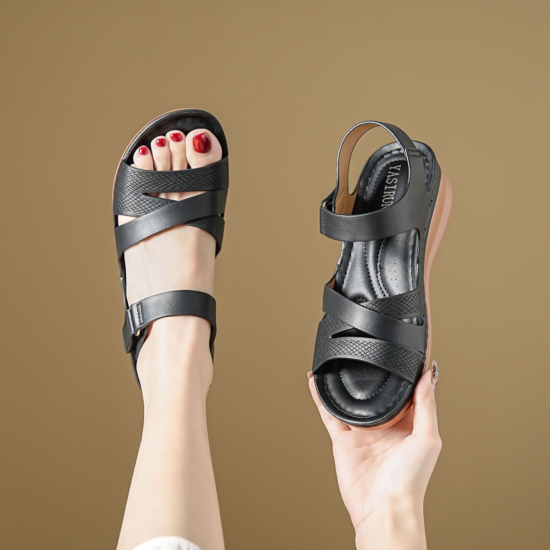 Wedge Heel Hook-and-Loop Sandals, Trendy Plus Size Women's Sandals, 2026 Summer New Style, Striped Casual Beach Sandals