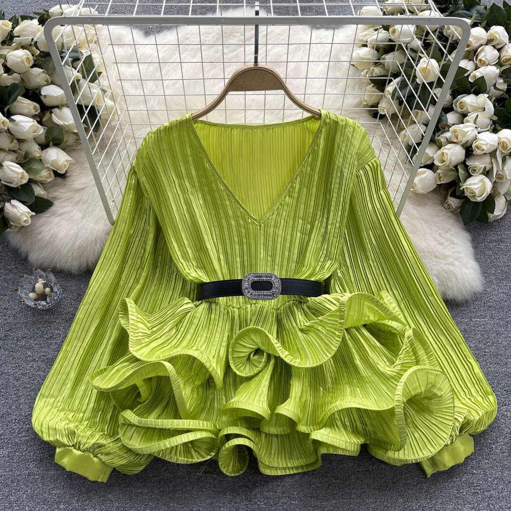 Elegant long-sleeved, loose-fitting satin-finished top with ruffled lantern sleeves and a unique V-neck design.