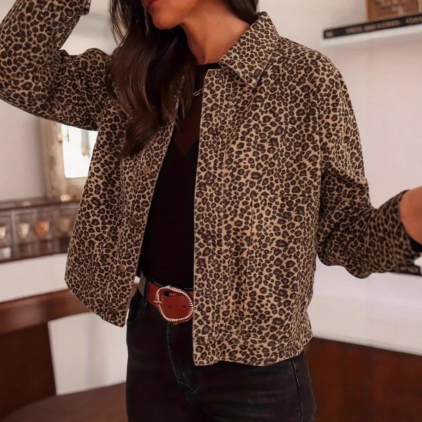 2025 Amazon European and American Cross-Border Autumn Winter Casual Fashion Button Leopard Print Jacket Plus Size Women's Clothing