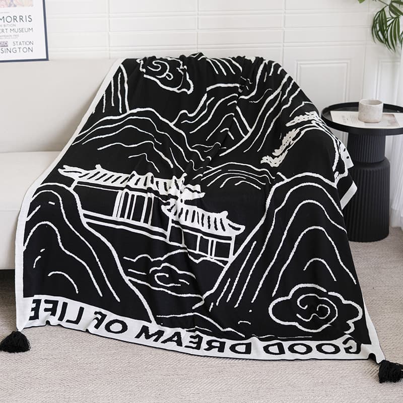 Chinese Landscape Ink Wash Painting Knitted Throw Blanket, New Chinese Style Luxury Sofa Blanket, Office Nap Blanket