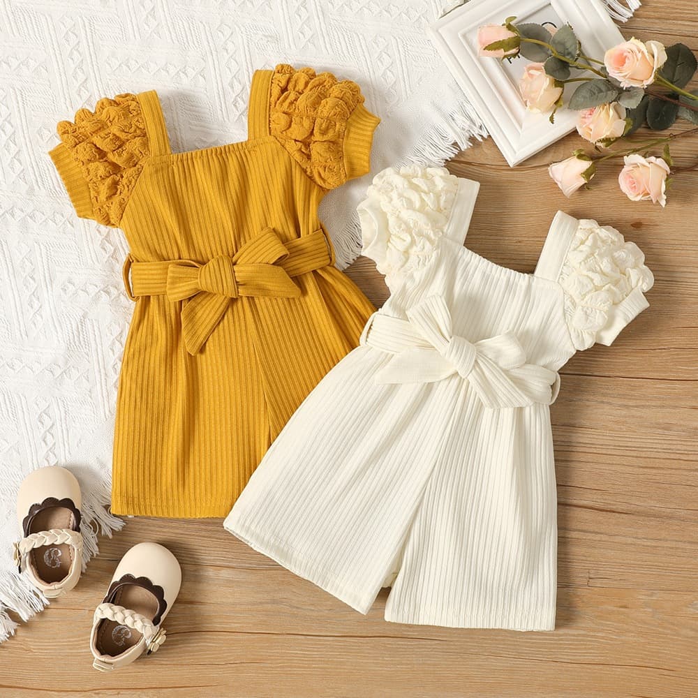 2026 Spring Korean Style 95% Cotton Baby Girl Onesie with Bubble Sleeves and Small Square Collar, Stylish and Trendy Baby