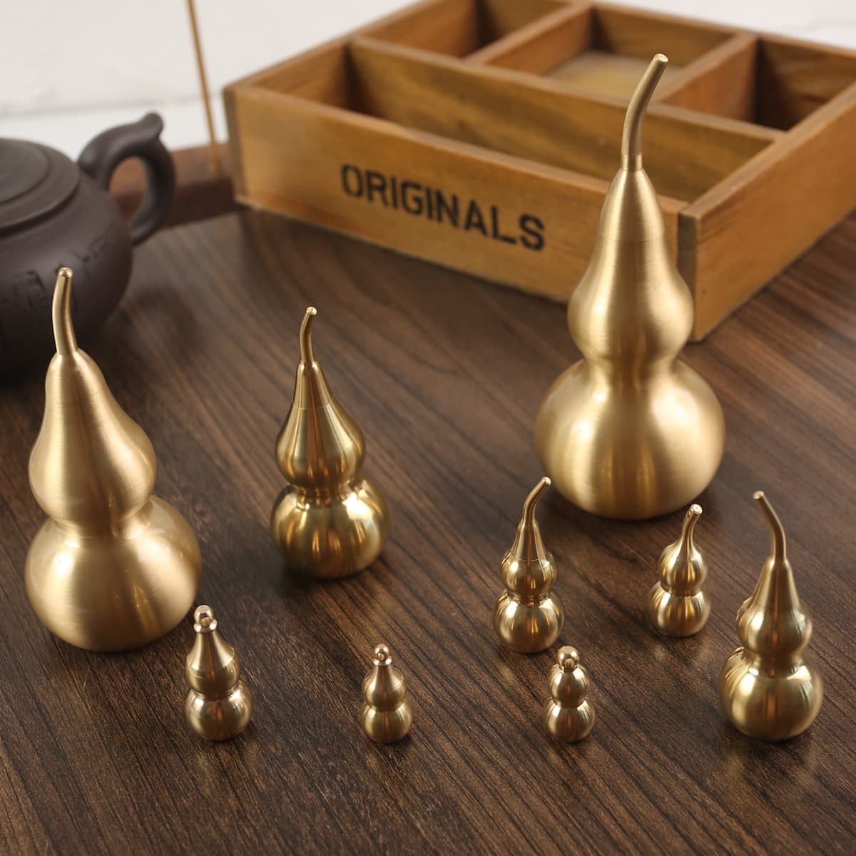 Tangteng Brass Gourd with Brushed Sealed Finish, Sizes 5.5, 7, 8.8, 11, 14, Copperware Wholesale