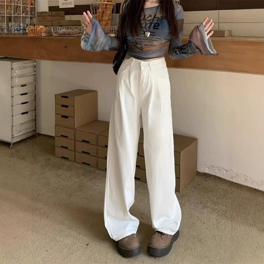 Hot girl high waist white wide leg jeans for women 2026 summer new loose casual versatile slim floor mopping pants