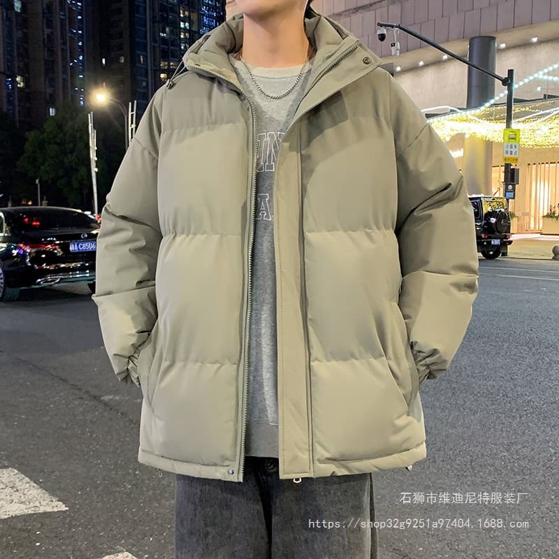 Men's winter thickened cotton coat, loose solid color windproof and warm hooded casual cotton coat, cotton bread coat, trendy brand jacket