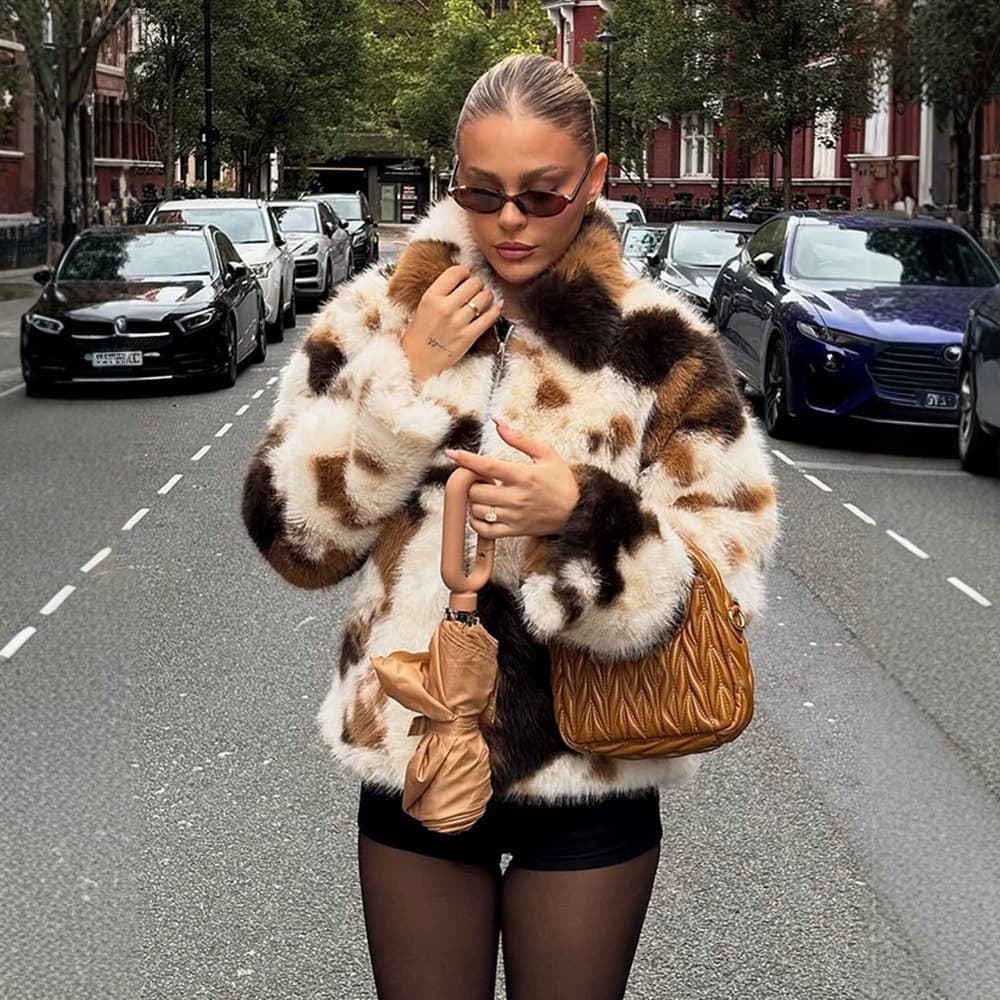 European and American Style Contrast Color Faux Fur Short Jacket for Women, New Autumn and Winter Versatile Fuzzy Top, Cross-Border Fashion Trendy Coat