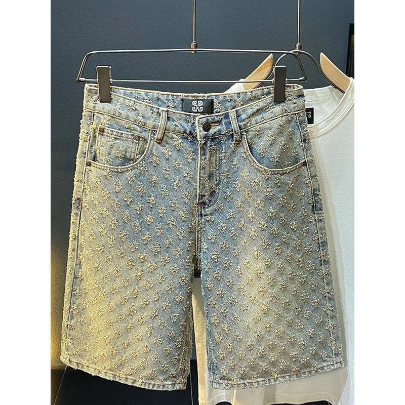 2025 American New Style Denim Shorts Men's Summer Loose Straight-Leg Distressed Jacquard High-End Five-Point Mid-Length Pants