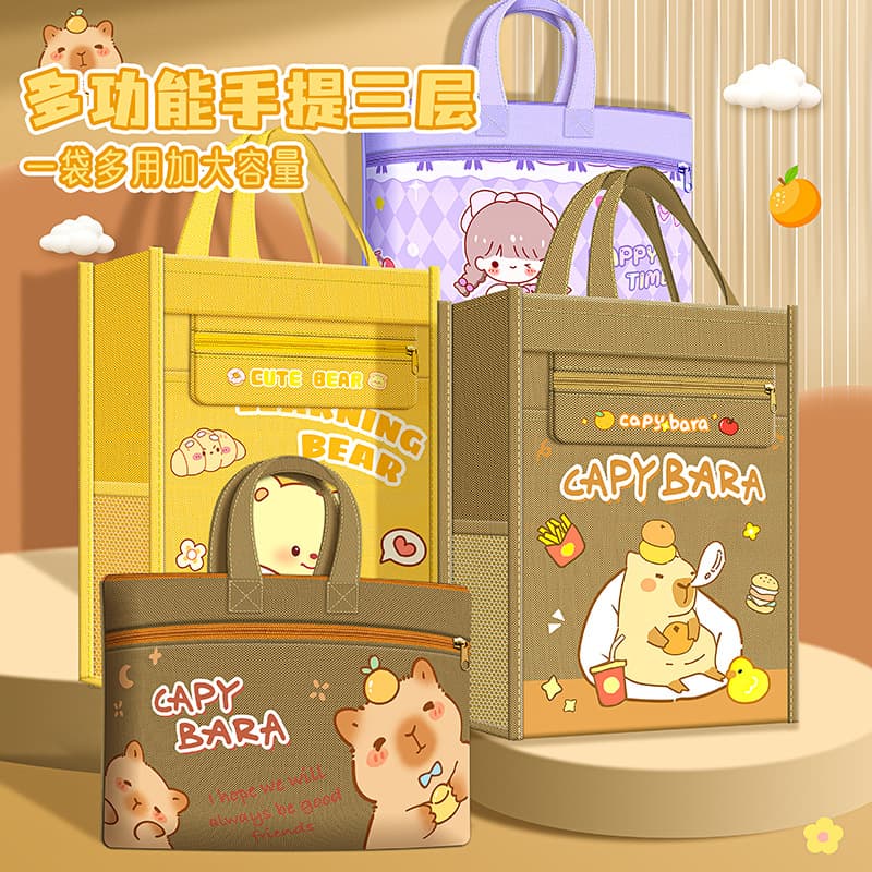 Capybara-themed canvas gift tote for students, large-capacity tutoring bag with cartoon stationery supplies