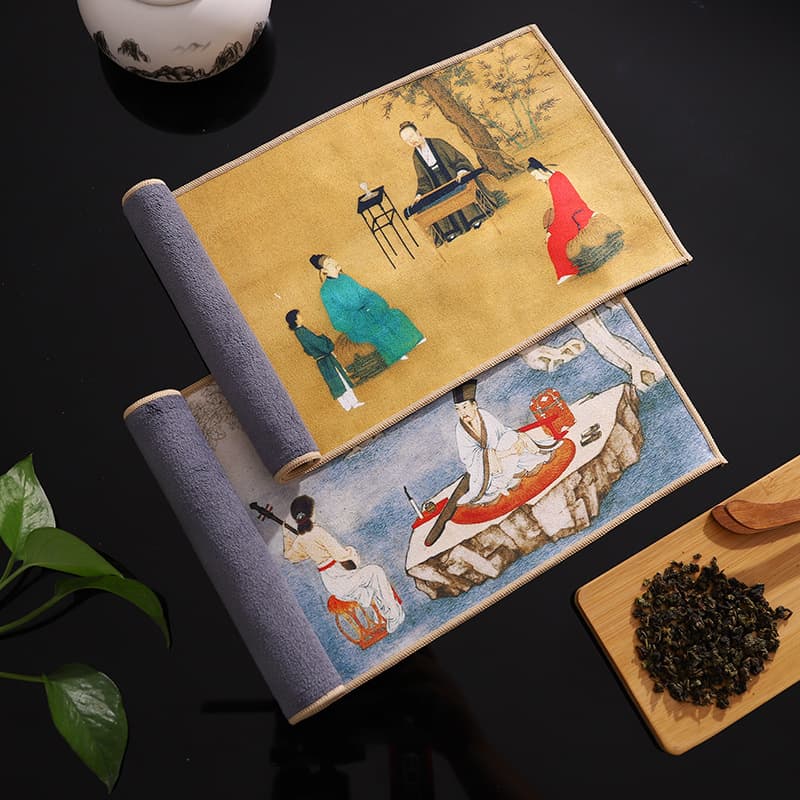 Factory Wholesale Chinese Zen Multifunctional High-End Painted Tea Towels Dual-Sided Tea Cloths Thickened Absorbent Suede Tea Towels