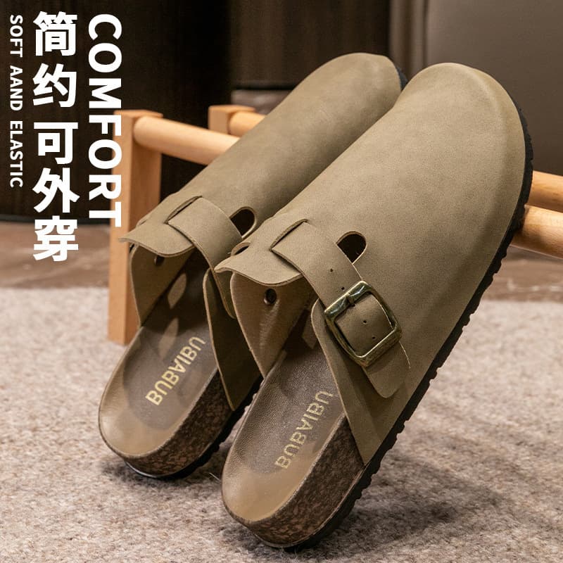 All-inclusive leather lazy French Birkenstock shoes retro toe-toe soft sole half-drag one-leg big-toe Birkenstock shoes for women