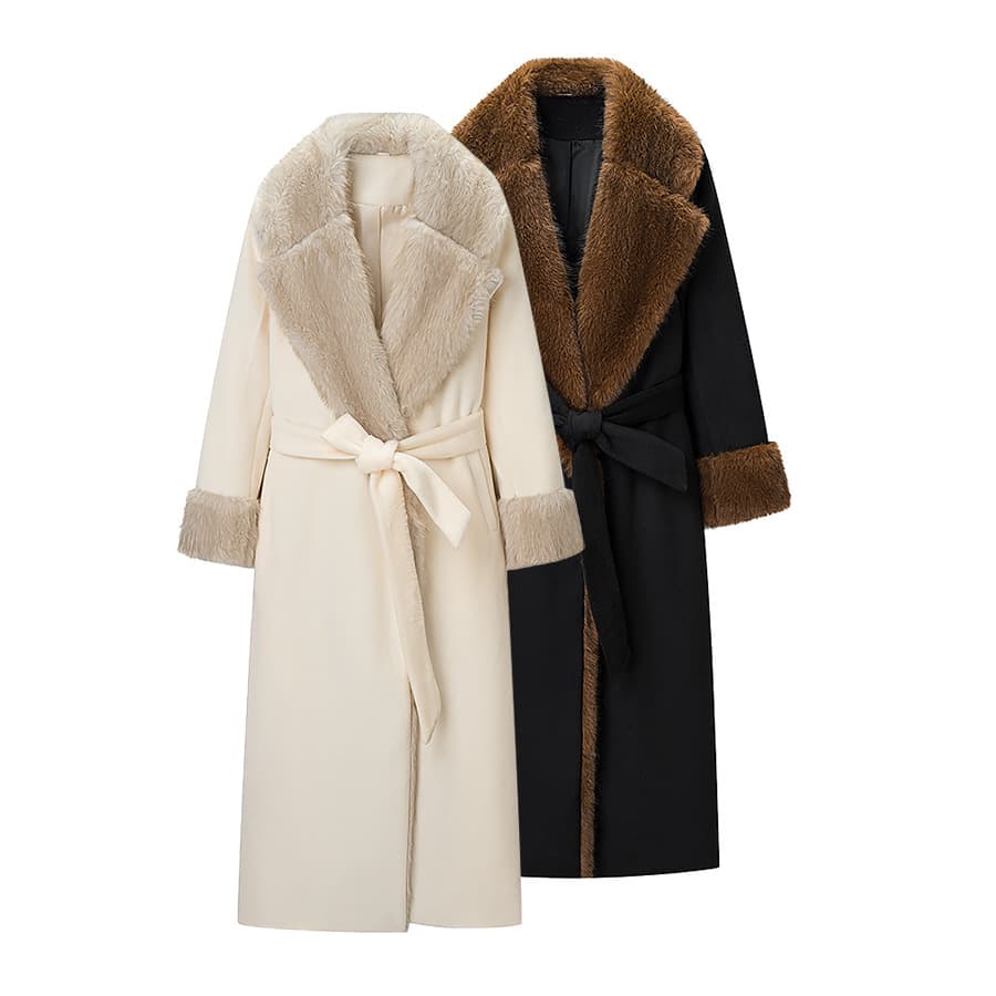 New Winter White Wool Coat for Women, Mid-Length with Eco-Friendly Fur Collar, Tie Waist, Elegant Woolen Overcoat for Cross-Border