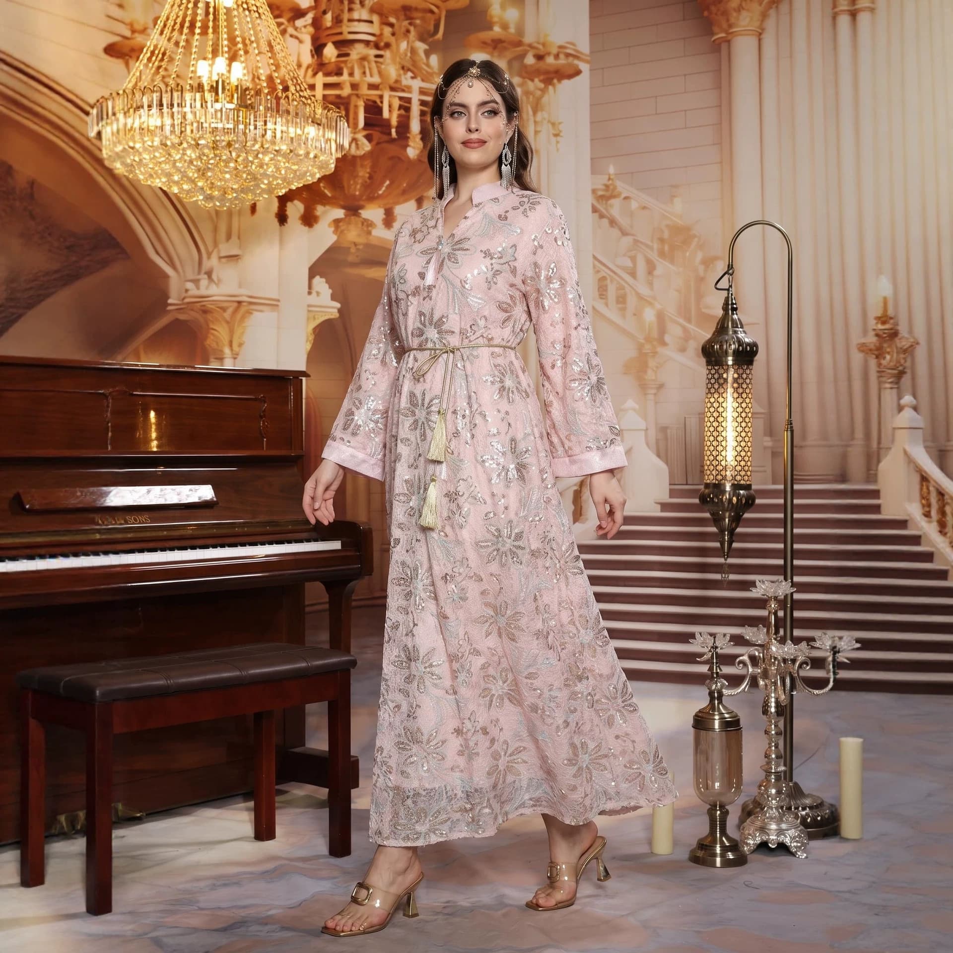 M26006 Pink Heavy Sequin Embroidered Robe Women's Stand Collar Long Sleeve Tassel Belt Lace Dress