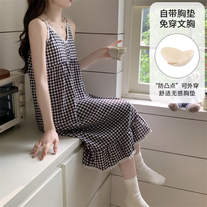 Summer Sleep Dress with Built-in Bra, Houndstooth Cloud Cotton Grid Pattern, Spaghetti Strap Dress, Sexy Casual Loungewear Plus Size Sleeveless Vest