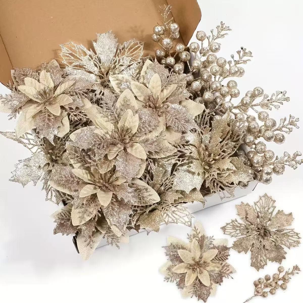 Christmas Decoration Simulated 3D Christmas Flower Set, Handmade Christmas Tree & Wreath Ornament, Artificial Flowers
