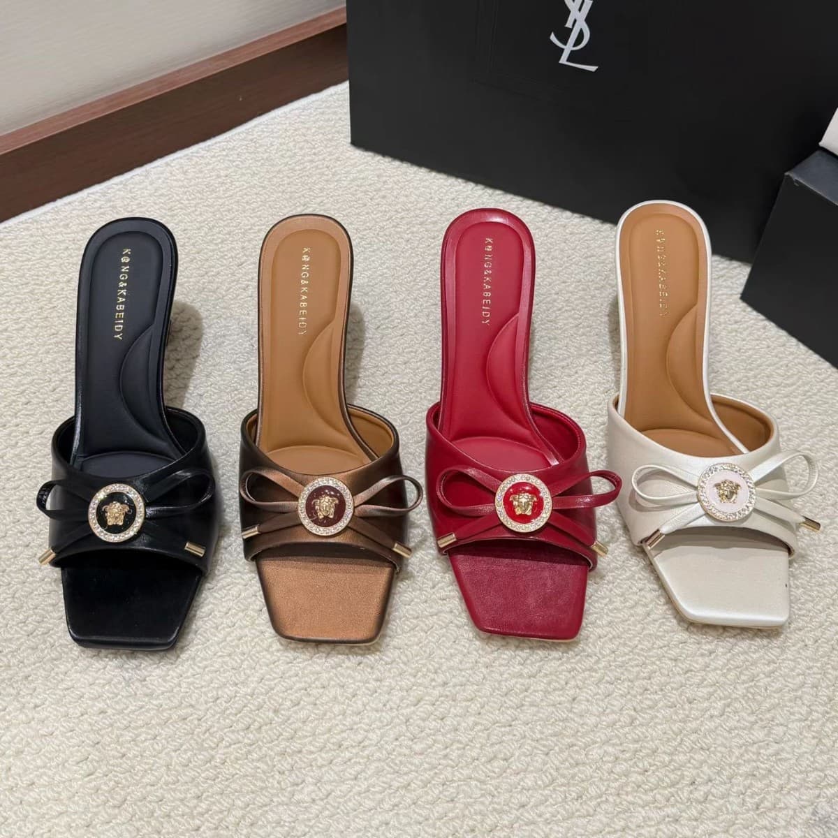 2026 Summer New Genuine Leather Bow High Heel Sandals for Women Casual Slip-On Backless Stiletto One-Band Slippers