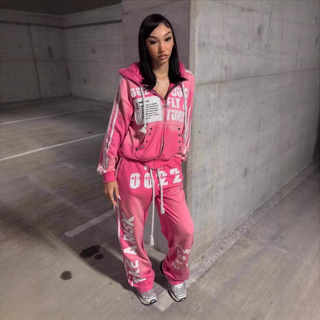 European and American hooded sweatshirt set, fashionable casual trousers, printed hip-hop rock, unisex sweatshirt jacket