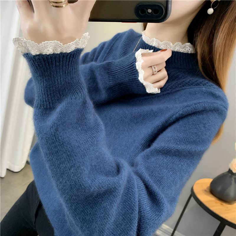 Lightweight Knit Base Sweater for Women 2026 Spring/Fall New Style Loose Short Lace Trim Collar Top Trendy