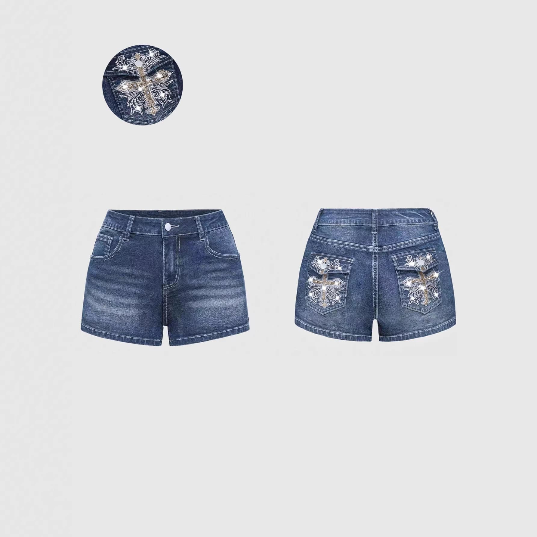 Heavy-Duty Cross Rhinestone Embroidery Cross-Border Denim Shorts for Women, Blue-Gray Trendy Jeans, Source Factory In Stock