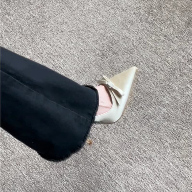 Champagne bow beautiful high-heeled shoes for women spring and autumn stiletto heel satin rhinestone French temperament single shoes bridal wedding shoes
