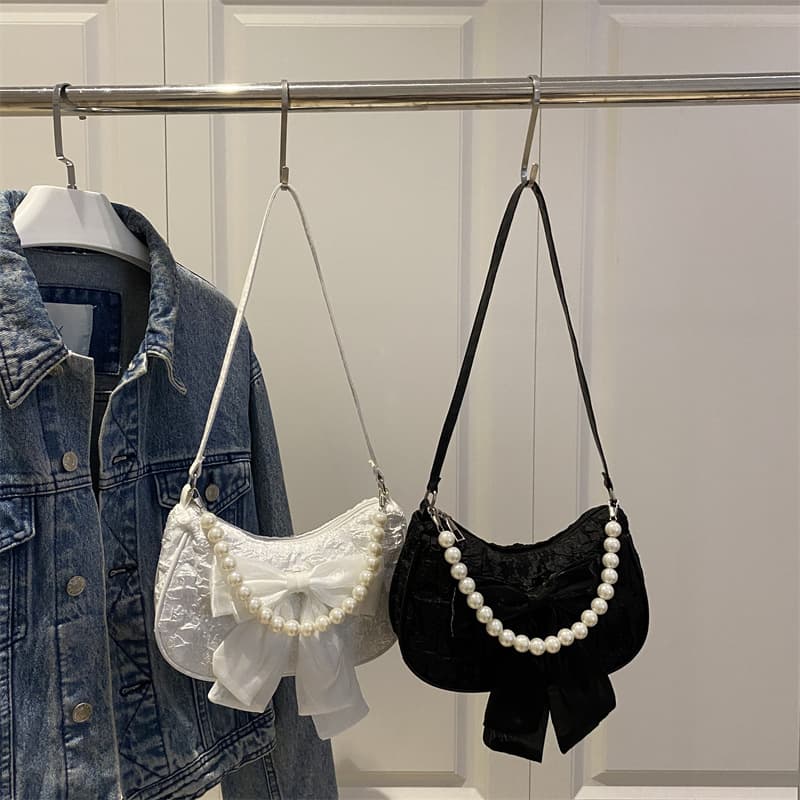 New Sweet Style Girls Pearl Handbag Bow Fashion Simple Women's Bag Korean Style Elegant Ladies Shoulder Bag