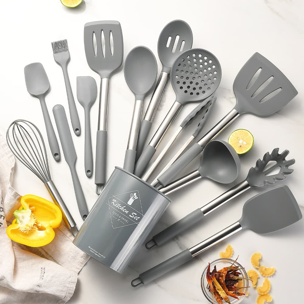 Cross-border Stainless Steel Silicone Kitchen Utensils 15-Piece Set with Storage Canister Cooking Spatula and Spoon Set