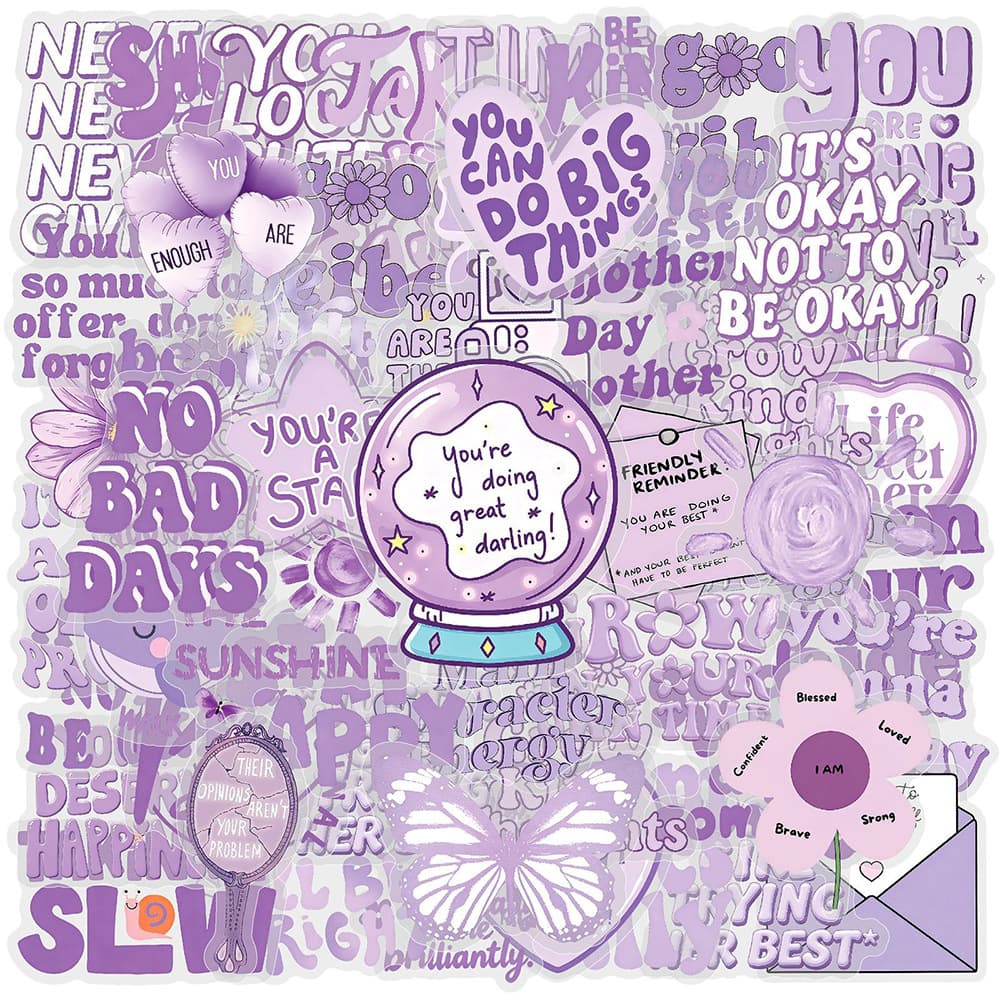 50 purple inspirational English PET stickers, high-looking ins style, literary, fresh, creative, waterproof decorative stickers wholesale