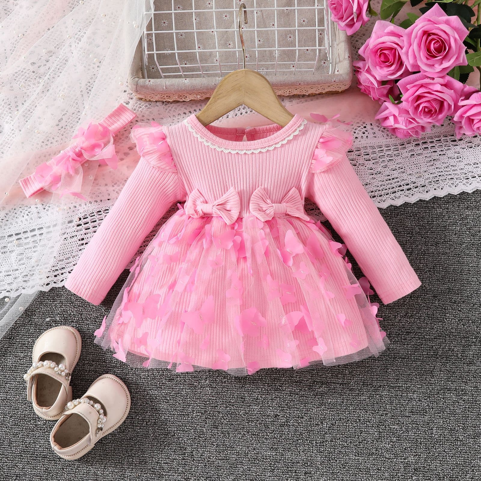 Amazon 0-1 year old girl sweet butterfly mesh long-sleeved dress + headband fashionable baby girl pit dress